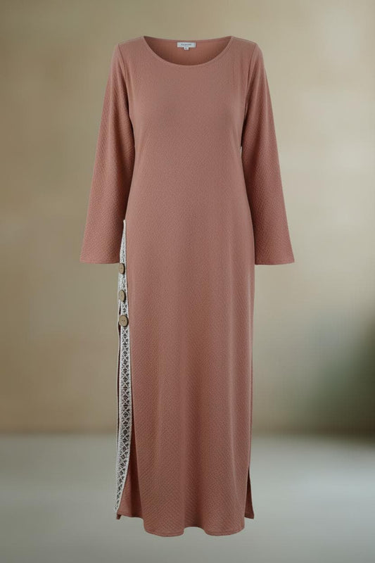 Handmade Cotton Maxi Dress with Lace Detail – Boho Long Sleeve Kaftan Dress – Modest Terracotta Summer Dress – Side Slit Maxi