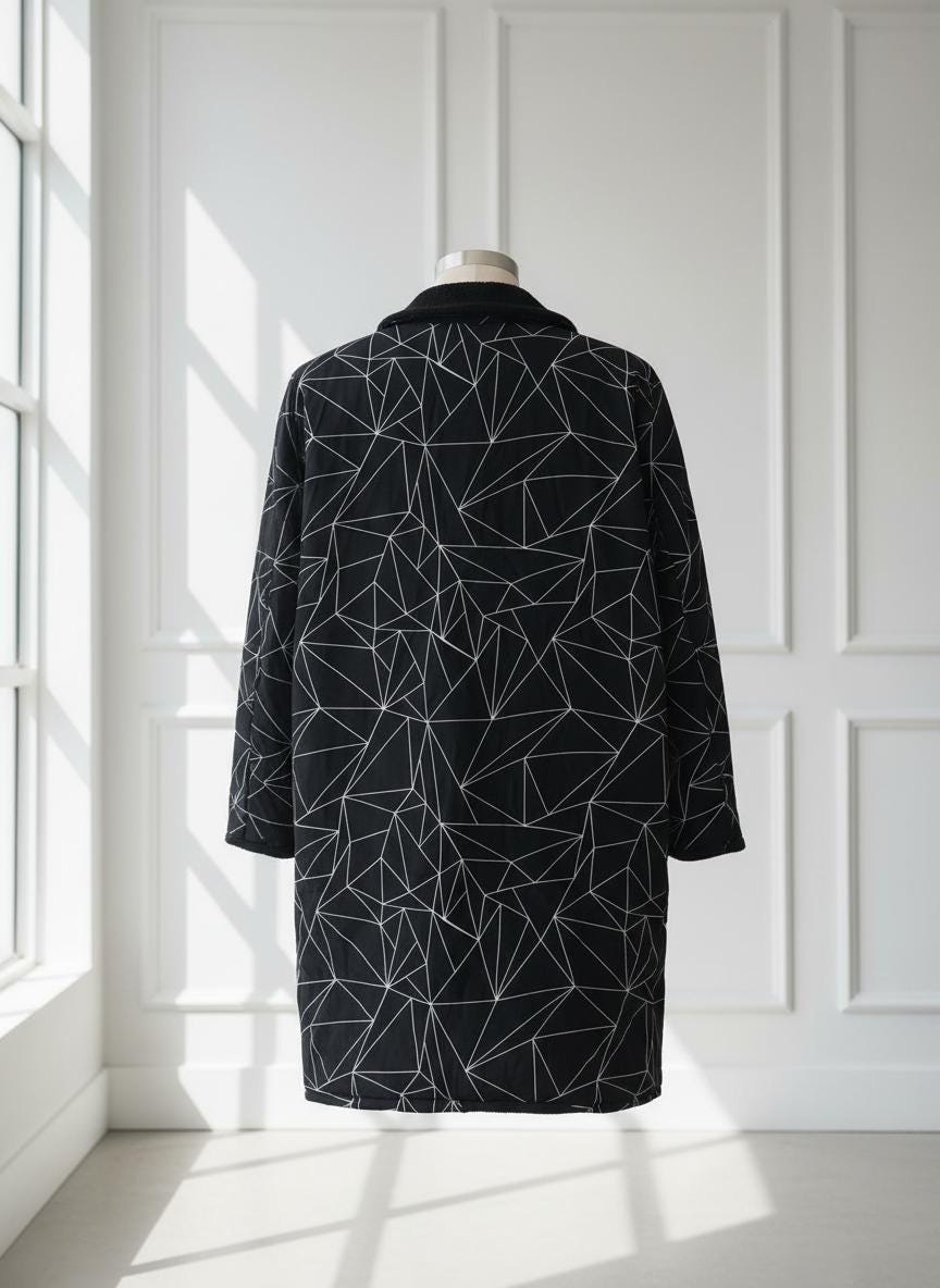 Handmade Black Coat – 100% Cotton Geometric Pattern Jacket – Modern Minimalist Winter Coat for Women