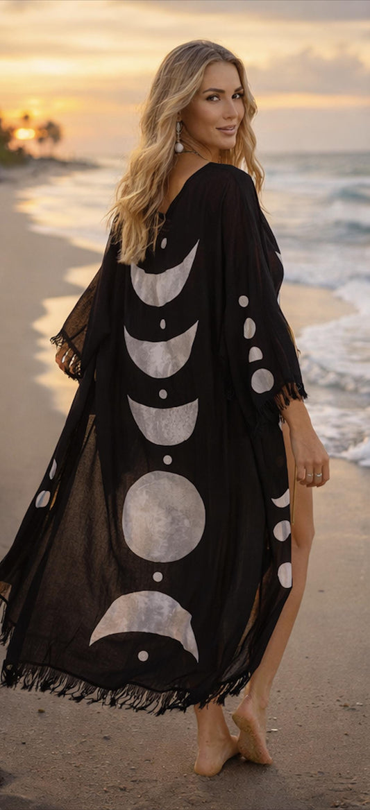 Black Moon Phase Kimono – Boho Beach Cover Up, Celestial Resort Wear Duster