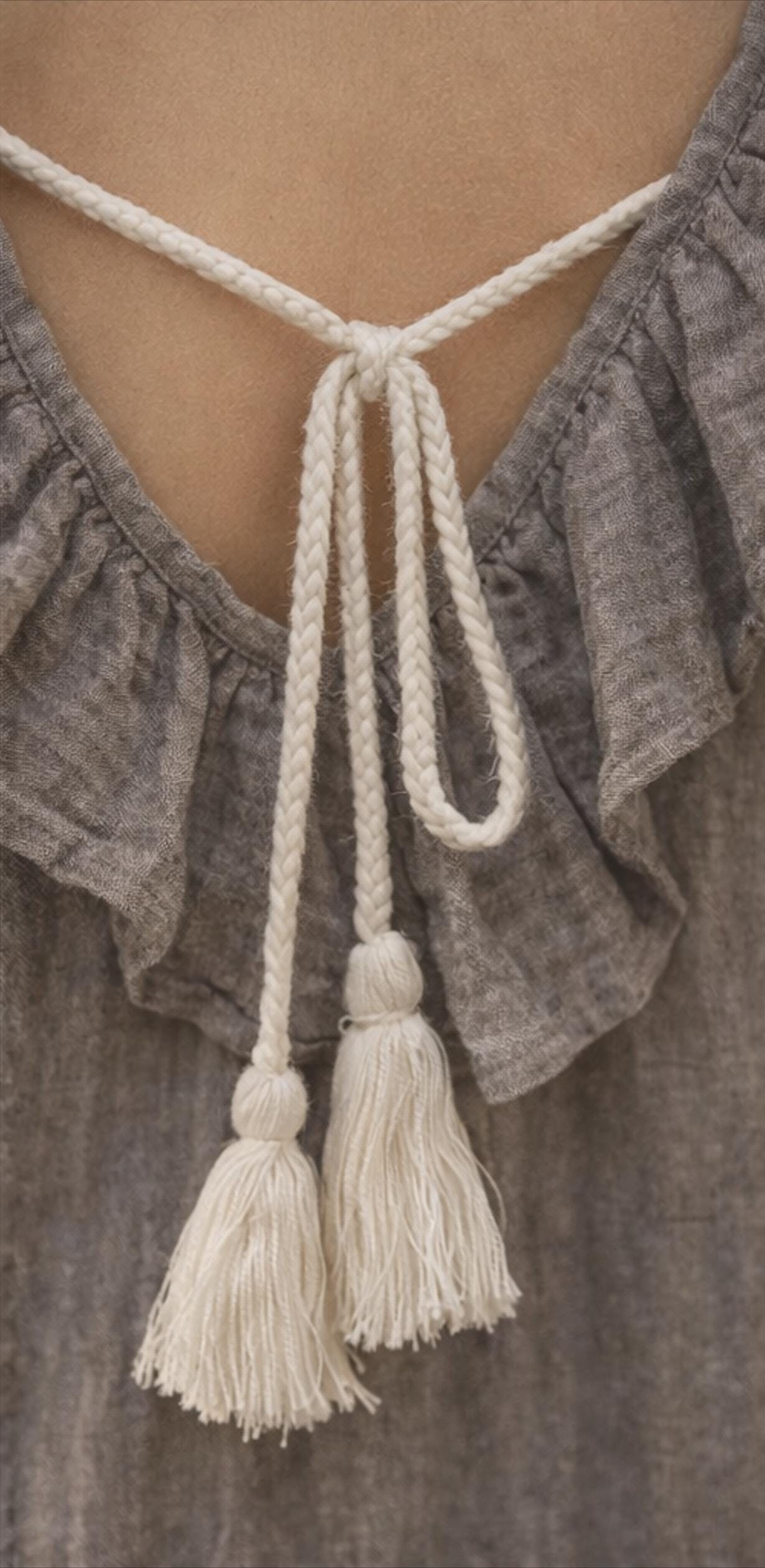 Boho Linen Mini Dress – Ruffle Neckline, Open Back Tassels, Lightweight Beach Vacation Outfit