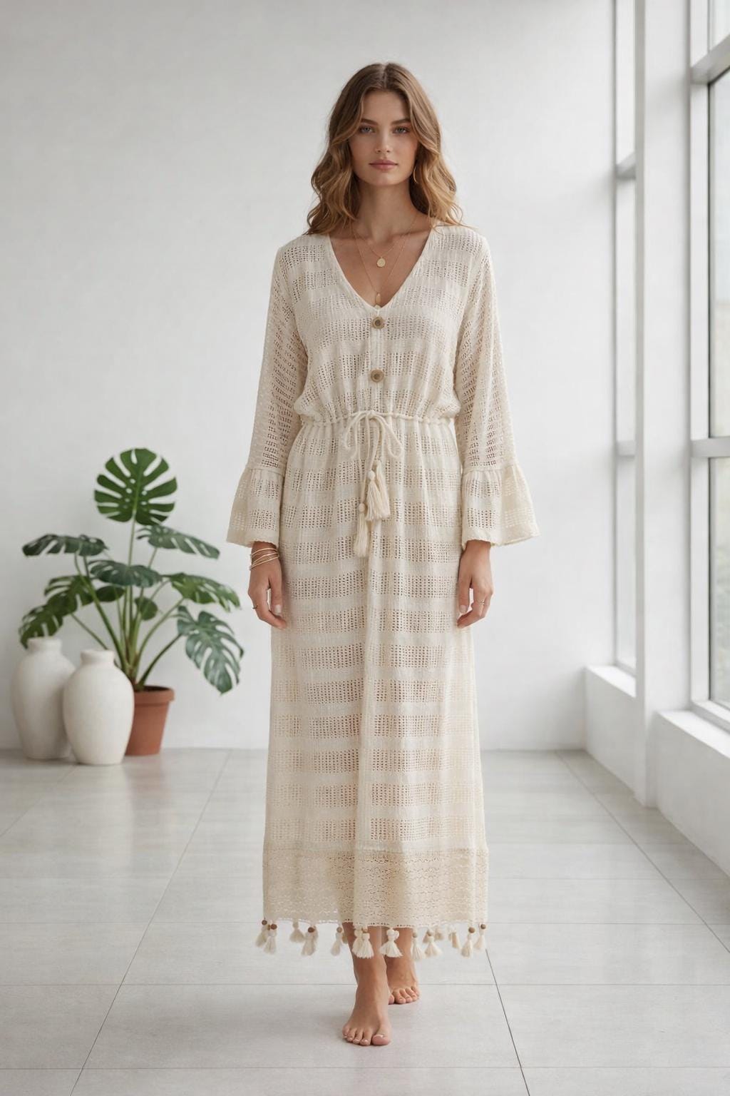 Handloom Cotton Maxi Dress, Boho Beach Kaftan, Handmade Resort Wear