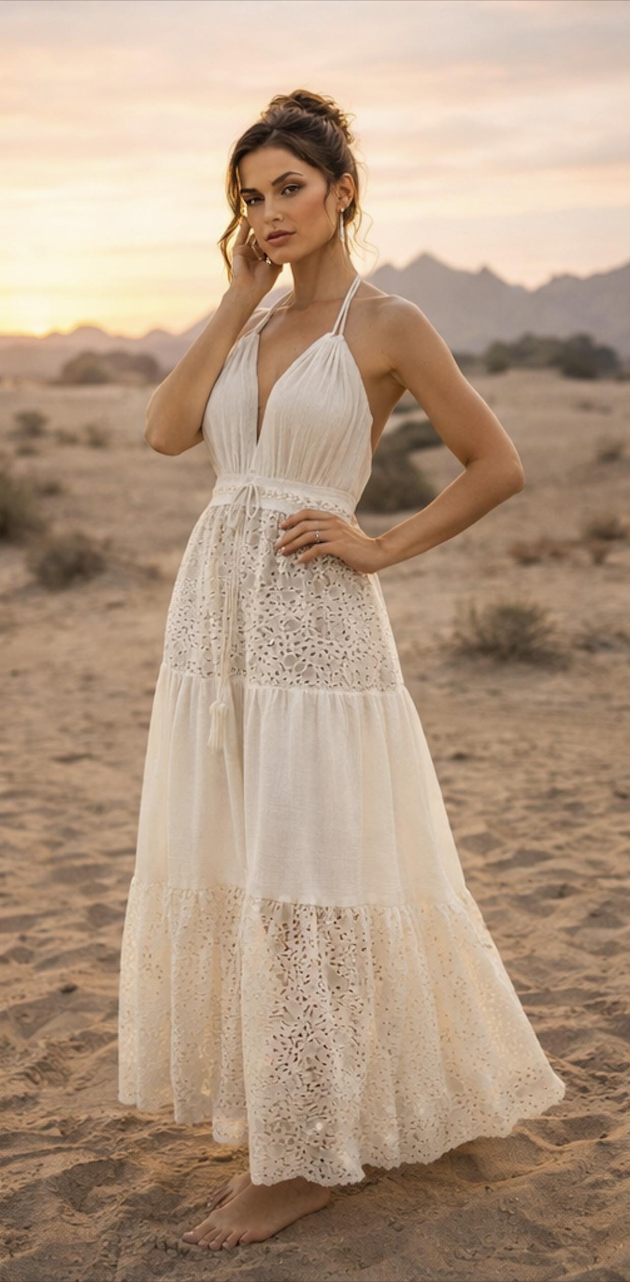 Handmade Handloom Cotton Lace Maxi Dress – Boho Halter Beach Dress – Natural Resort Wear – Women’s Summer Vacation Outfit