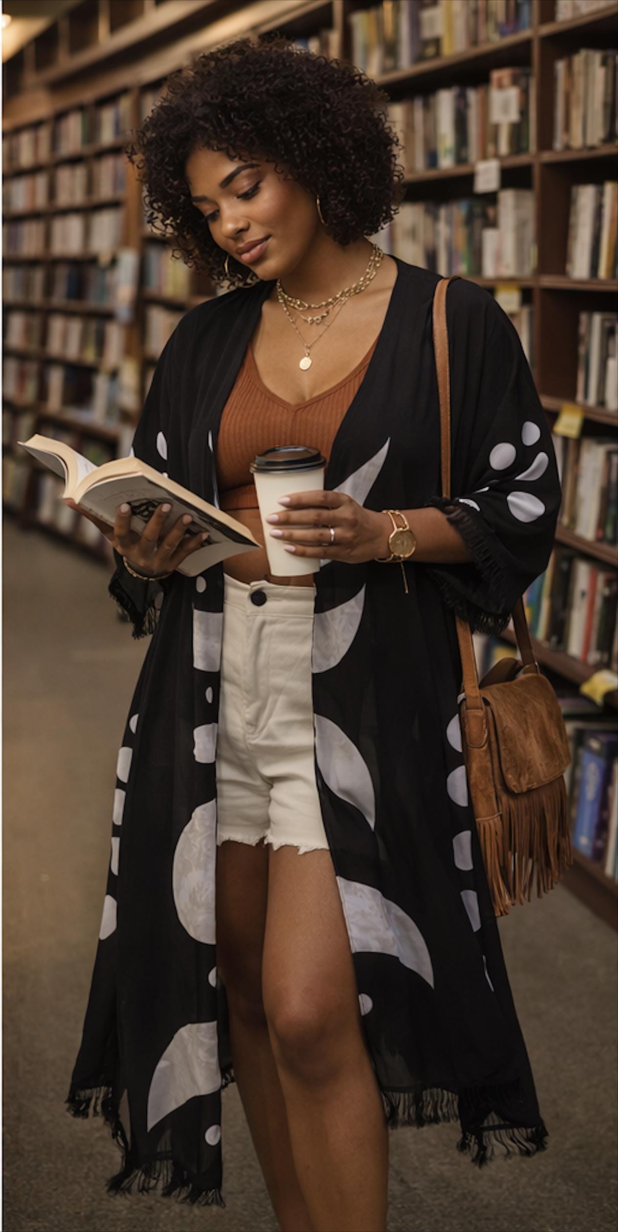 Black Moon Phase Kimono – Boho Beach Cover Up, Celestial Resort Wear Duster