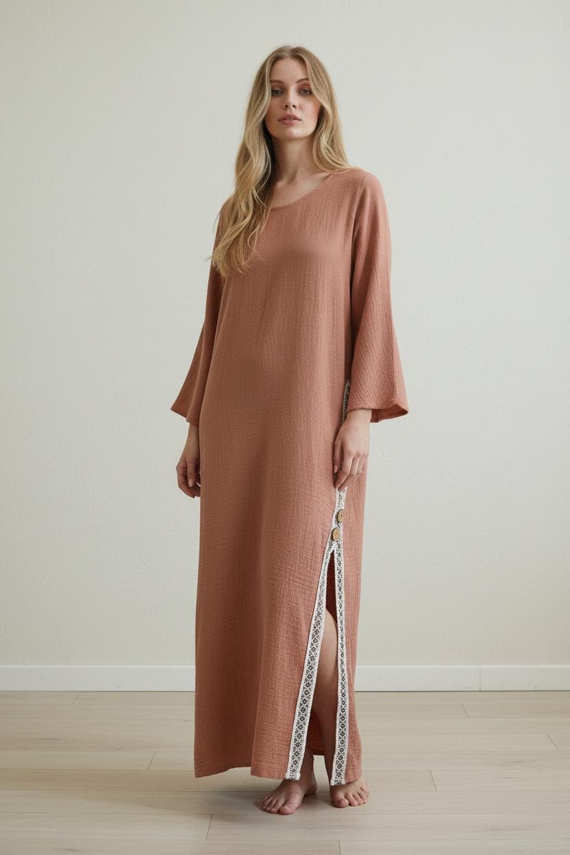 Handmade Cotton Maxi Dress with Lace Detail – Boho Long Sleeve Kaftan Dress – Modest Terracotta Summer Dress – Side Slit Maxi