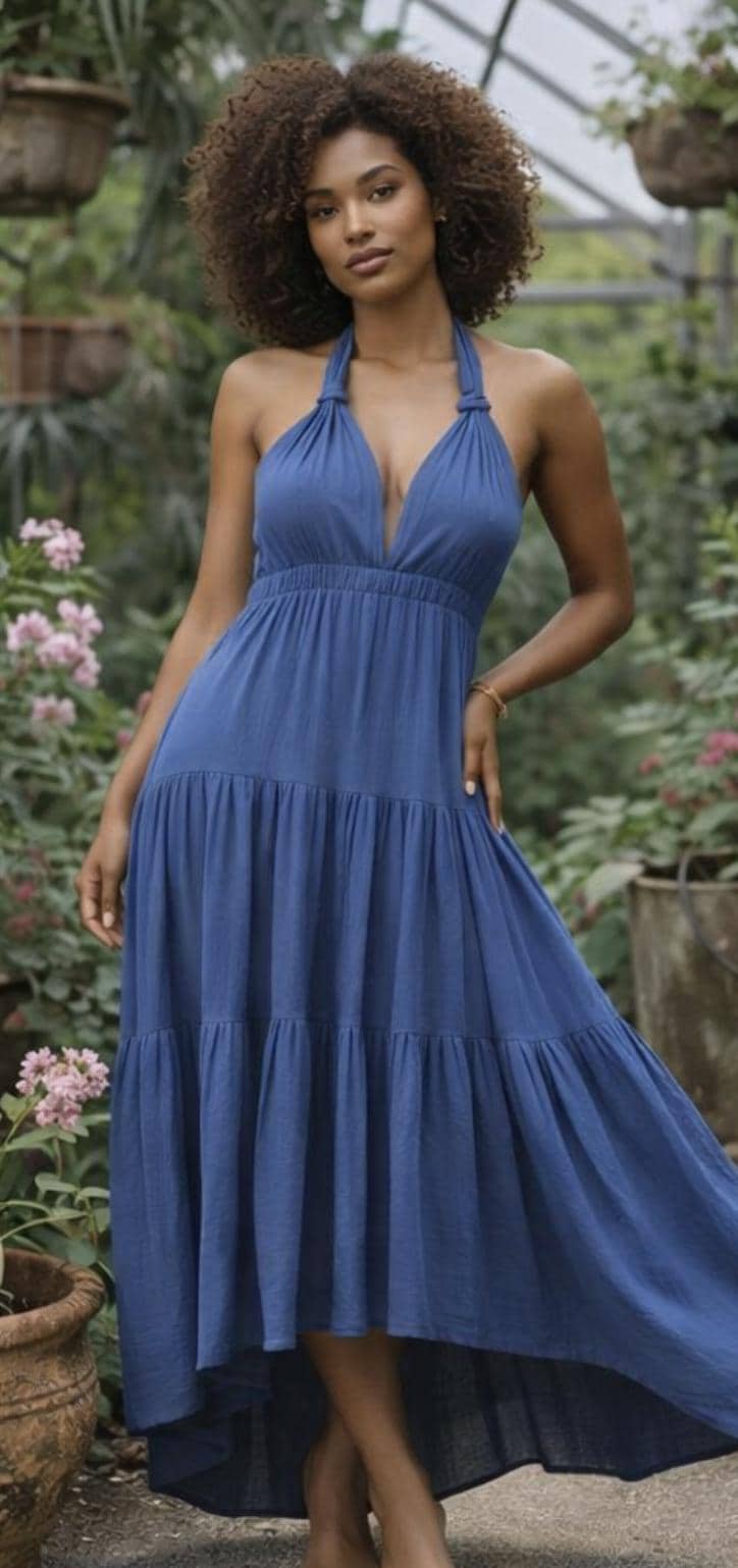 Blue Halter Maxi – Tiered Boho Summer Dress – Backless Flowy Cotton Dress – Beach Wedding Guest Dress – Romantic Resort Wear