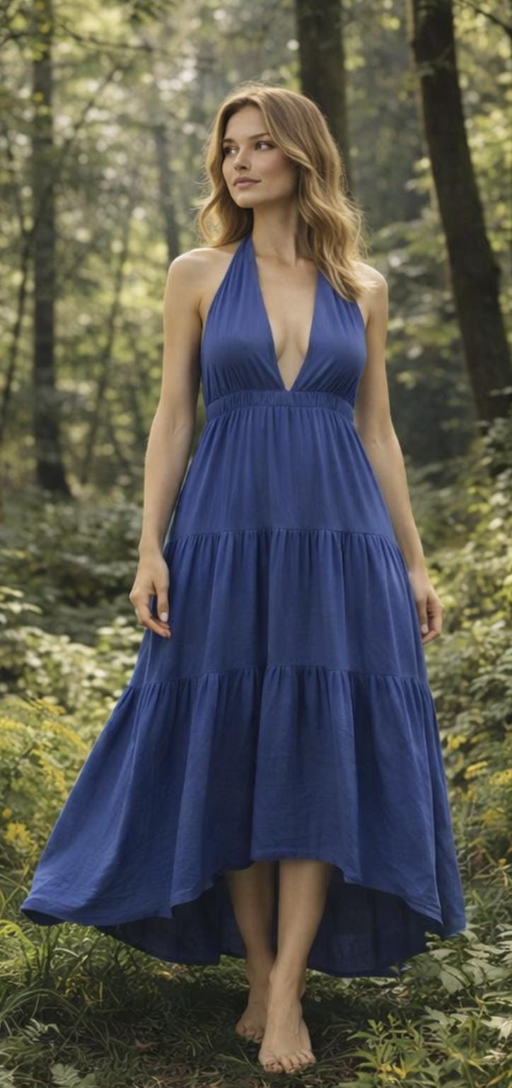 Blue Halter Maxi – Tiered Boho Summer Dress – Backless Flowy Cotton Dress – Beach Wedding Guest Dress – Romantic Resort Wear