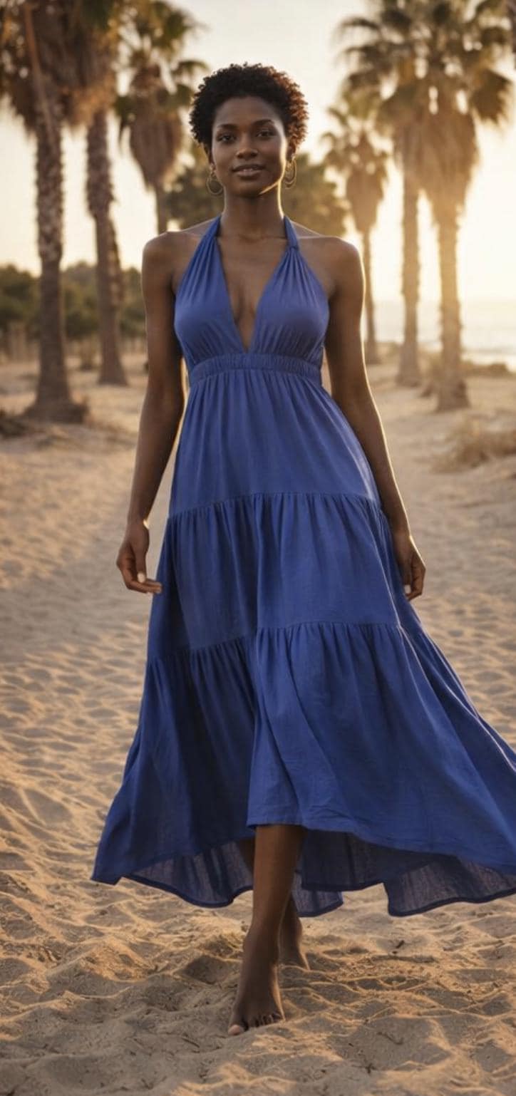 Blue Halter Maxi – Tiered Boho Summer Dress – Backless Flowy Cotton Dress – Beach Wedding Guest Dress – Romantic Resort Wear