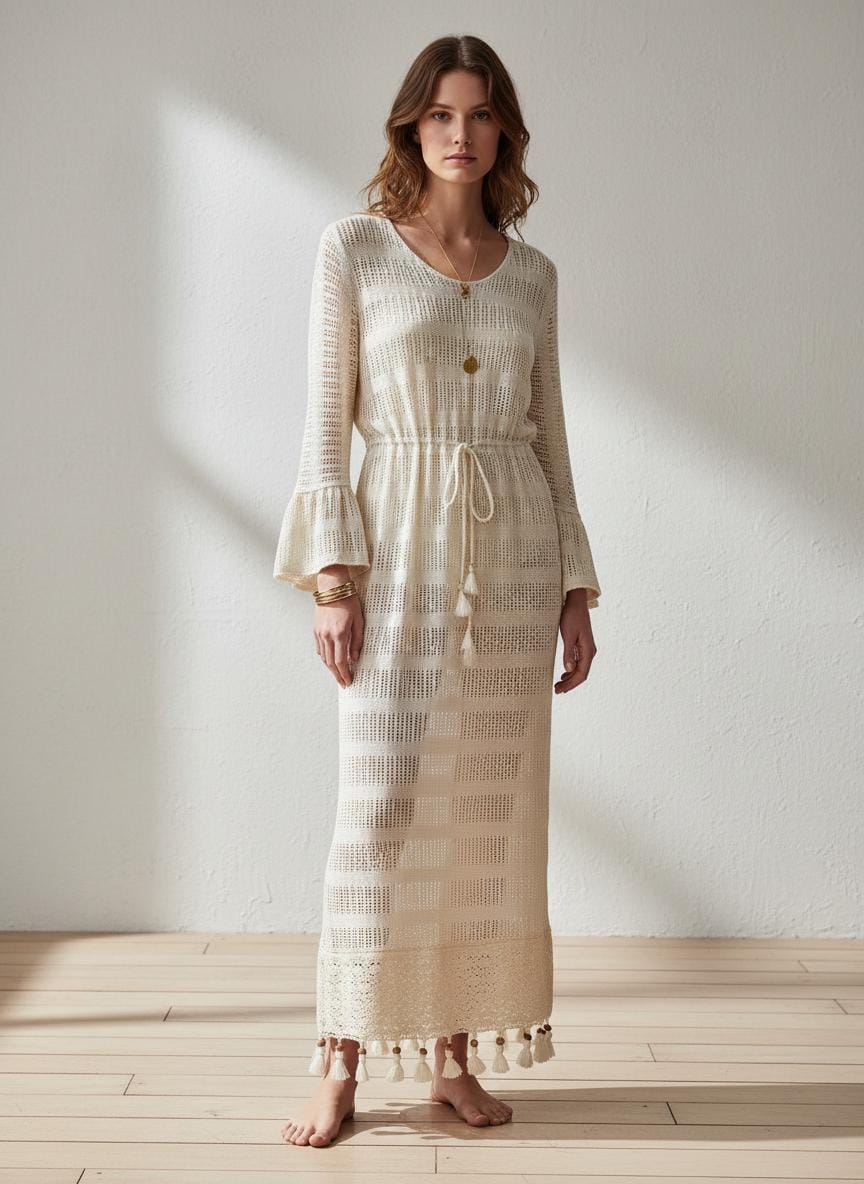 Handloom Cotton Maxi Dress, Boho Beach Kaftan, Handmade Resort Wear