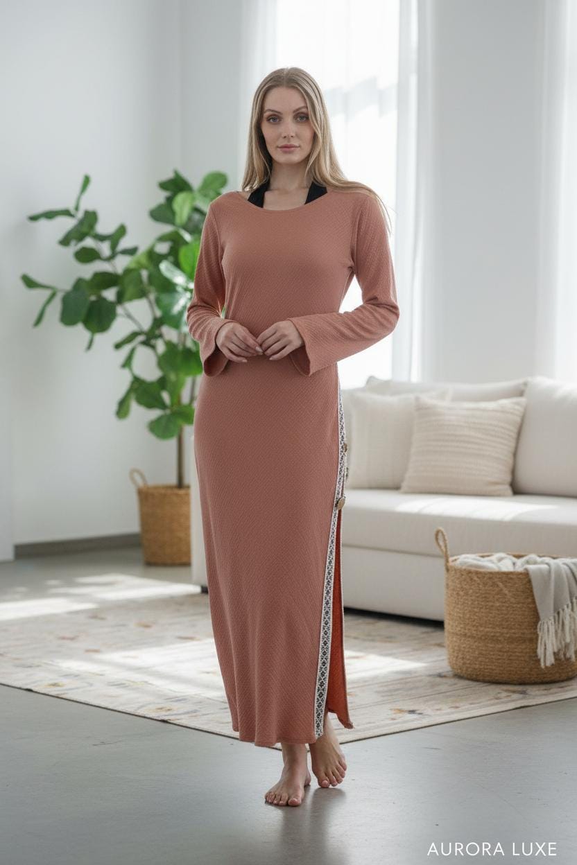 Handmade Cotton Maxi Dress - Terracotta Boho Kaftan with Lace