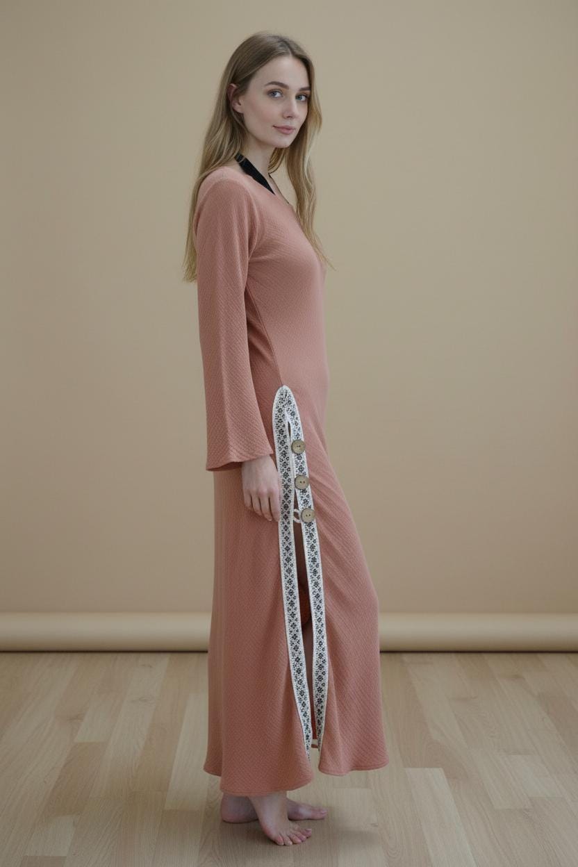 Handmade Cotton Maxi Dress - Terracotta Boho Kaftan with Lace