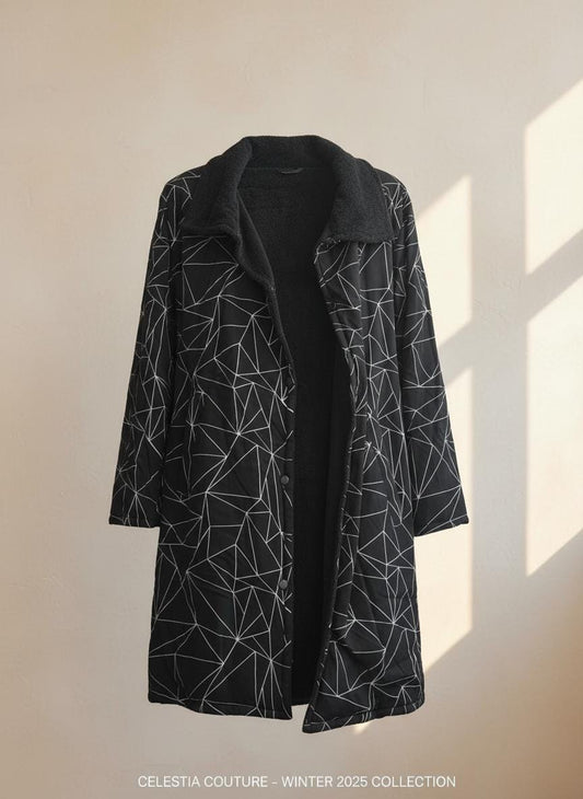 Handmade Black Coat – 100% Cotton Geometric Pattern Jacket – Modern Minimalist Winter Coat for Women