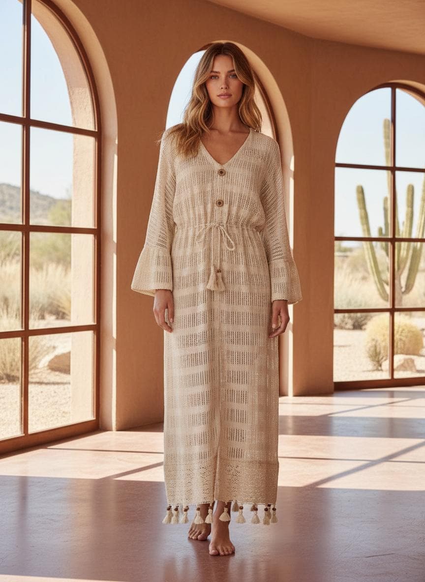 Handloom Cotton Maxi Dress, Boho Beach Kaftan, Handmade Resort Wear