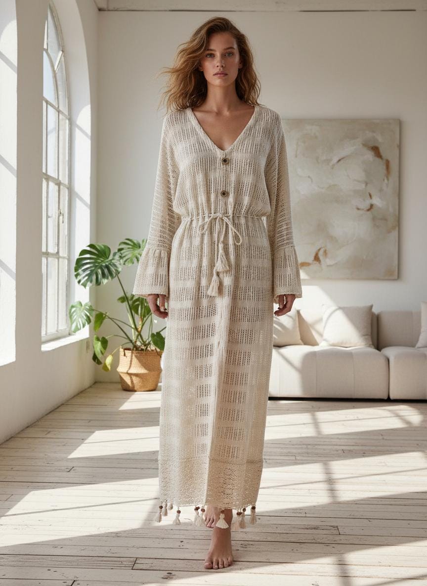 Handloom Cotton Maxi Dress, Boho Beach Kaftan, Handmade Resort Wear