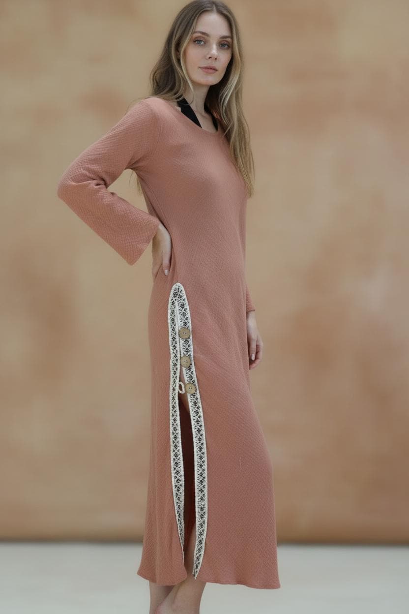 Handmade Cotton Maxi Dress - Terracotta Boho Kaftan with Lace