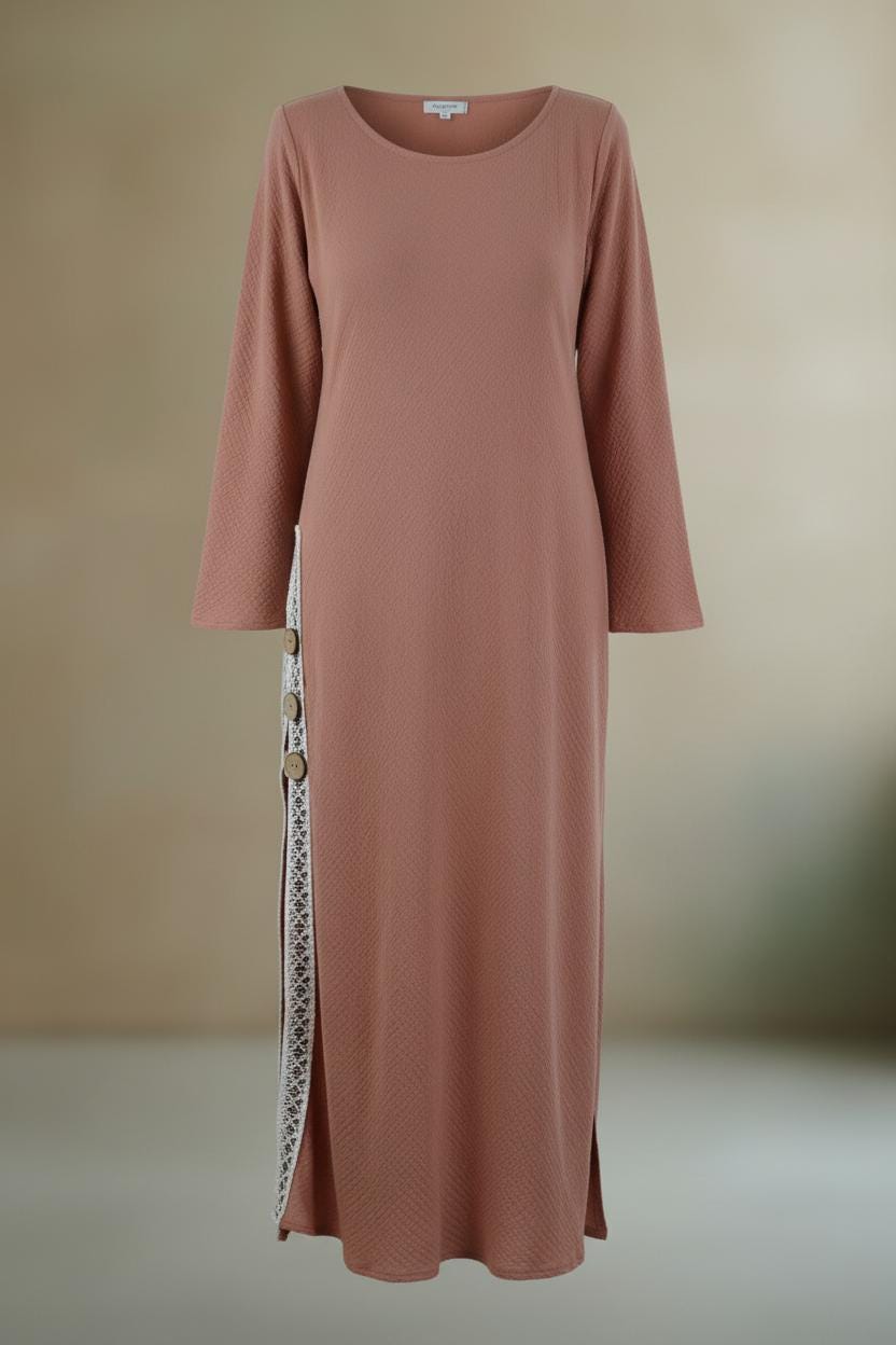 Handmade Cotton Maxi Dress - Terracotta Boho Kaftan with Lace