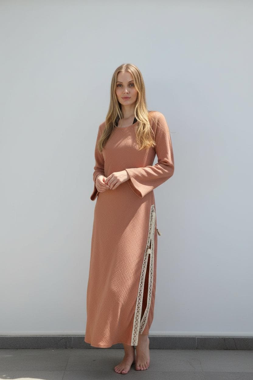 Handmade Cotton Maxi Dress - Terracotta Boho Kaftan with Lace