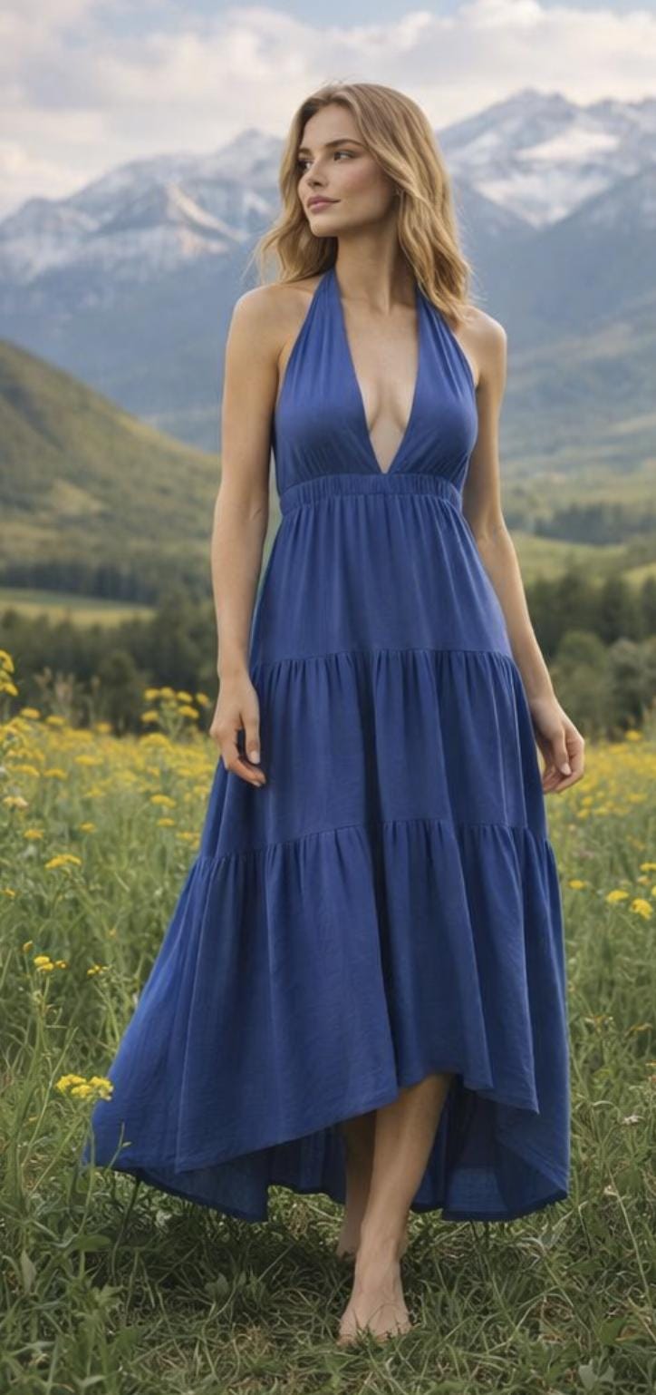 Handmade Organic Cotton Halter Maxi Dress – Tiered Boho Resort Wear