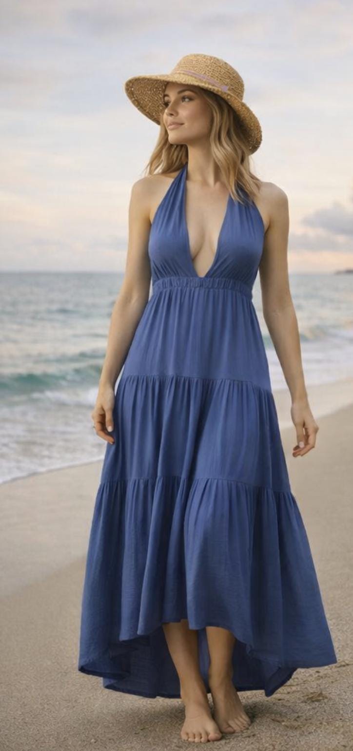 Handmade Organic Cotton Halter Maxi Dress – Tiered Boho Resort Wear