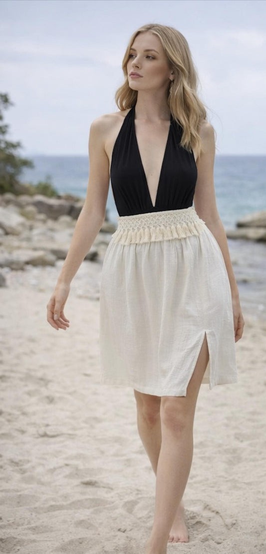 Black Halter Summer Dress with Handcrafted Crochet Belt - Luxury Resort Wear – Elegant Vacation Outfit