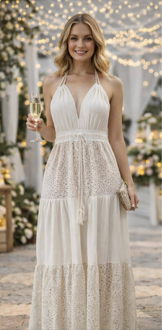 Handmade Handloom Cotton Lace Maxi Dress – Boho Halter Beach Dress – Natural Resort Wear – Women’s Summer Vacation Outfit