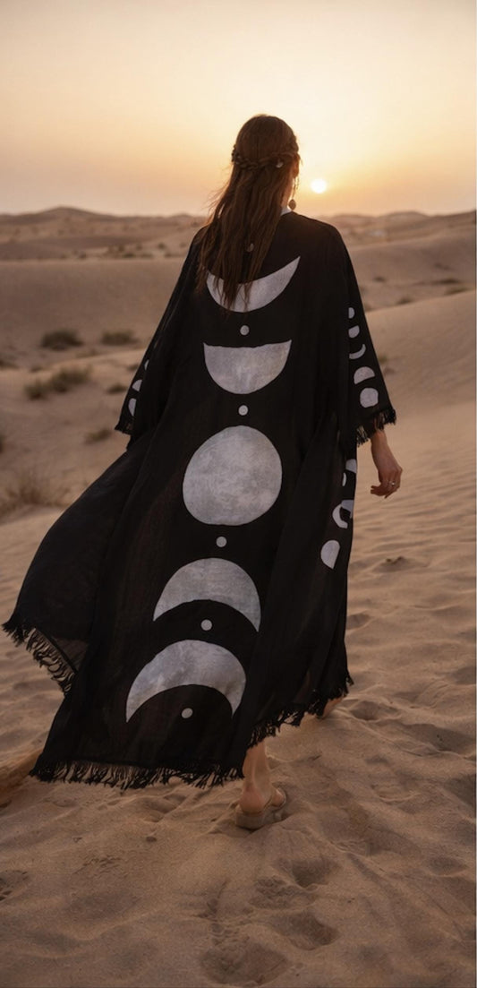 Black Moon Phase Kimono – Boho Beach Cover Up, Celestial Resort Wear Duster