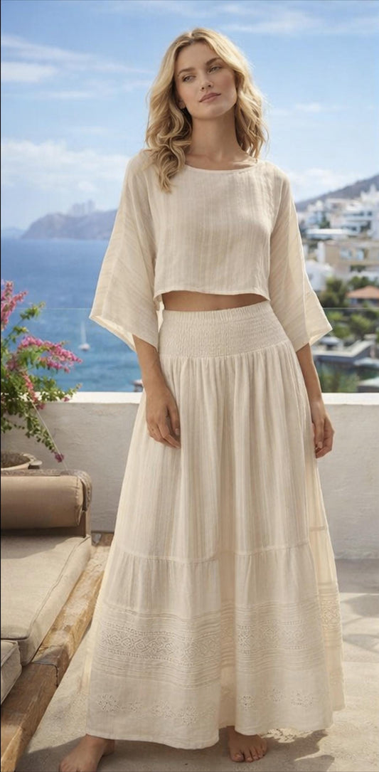 Ivory Cotton Two-Piece Set – Boho Maxi Skirt, Crop Top Outfit, Resort Wear