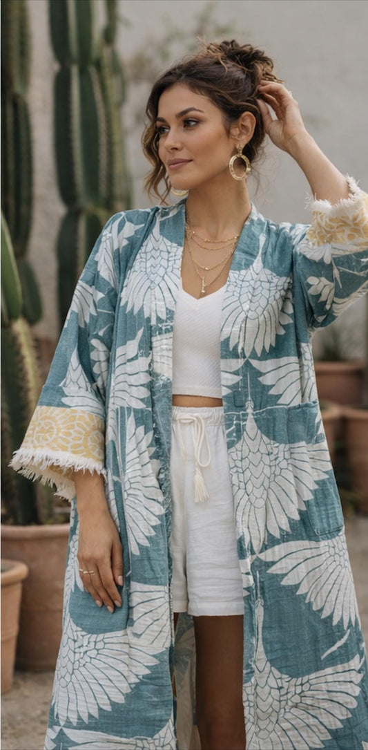 Handloom Cotton Kimono Kaftan – Boho Beach Cover Up, Şile Cloth Robe